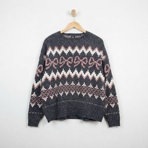 Beverly & Beck Coquette Bow Fair Isle Knit Sweater Grey Pink Oversized L/XL